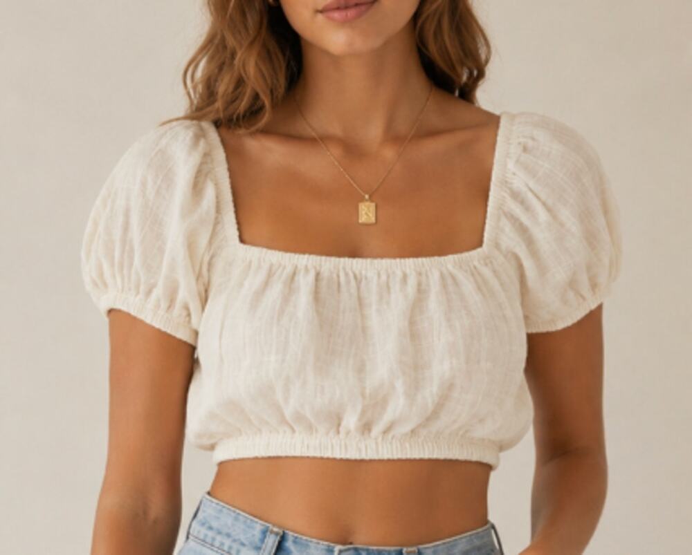 LAUDE The Label Organic Cotton Puff Sleeve Crop Top Large